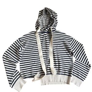 MO&co | navy and cream stripe sweater tassels asymmetrical front cotton blend S